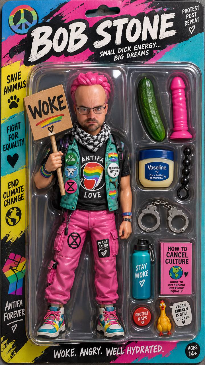 BOB STONE Flagship Blister Pack — satirische Protest-Sammelfigur mit WOKE-Schild, WOKE TOYS Series 1
